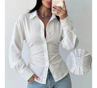 Camicia a maniche lunghe a righe blu e bianche da donna, camicia con vita annodata, camicia casual da pendolare, camicia da vacanza, camicia a righe con vita stretta, adatta per primavera, estate, aut