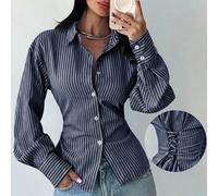 Camicia a maniche lunghe a righe blu e bianche da donna, camicia con vita annodata, camicia casual da pendolare, camicia da vacanza, camicia a righe con vita stretta, adatta per primavera, estate, aut