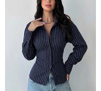 Camicia a maniche lunghe a righe blu e bianche da donna, camicia con vita annodata, camicia casual da pendolare, camicia da vacanza, camicia a righe con vita stretta, adatta per primavera, estate, aut