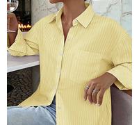 Camicia a maniche lunghe a righe Look Polly da donna, casual monopetto alla moda, con design della tasca, adatta per il ritorno a scuola, stile retrò, autunno/inverno, camicia color crema giallo, cami