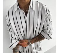 Camicia a maniche lunghe classica a righe bianche e nere da uomo, camicia con texture in lino e bottoni, adatta per casual, ufficio, pendolarismo, tutte le stagioni, che mostra uno stile da gentiluomo