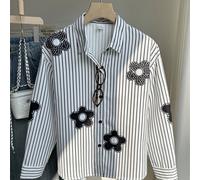 Camicia a maniche lunghe con bottoni, a righe bianche e nere, per ragazze pre-adolescenti, con decorazioni floreali 3D, in tessuto morbido e traspirante, adatta per la scuola e le uscite casual in pri