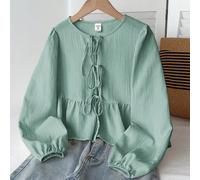 Camicia a maniche lunghe con collo rotondo, fiocco e tessuto strutturato, stile casual e minimalista, adatta per ragazze pre-adolescenti, ideale per il ritorno a scuola 8Y,9Y,10Y,11Y,12YColore unicoPo
