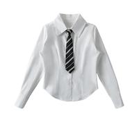 Camicia a Maniche Lunghe con Cravatta Stile College da Donna Top Snellente in Vita all'inizio della Primavera-Bianco-S
