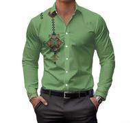 Camicia a maniche lunghe con motivo etnico con bottoni sul davanti, colletto rovesciato, design patchwork vintage, poliestere spandex stampato, vestibilità regolare, diversi colori M-2XL (verde XL)