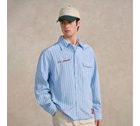 Camicia a maniche lunghe con righe verticali e spalle cadenti, con ricamo di Los Angeles, casual autunnale per lo streetwear quotidiano e lo stile campus, regalo perfetto per il fidanzato. Camicia a r