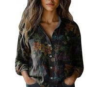 Camicia a maniche lunghe con scollo a V da donna in cotone stampato moda giù camicie casual top camicetta, Nero , XXL