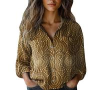 Camicia a maniche lunghe con scollo a V da donna in cotone stampato moda giù camicie casual top camicetta, Oro, XXL