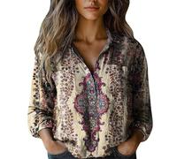 Camicia a maniche lunghe con scollo a V da donna in cotone stampato moda giù camicie casual top camicetta, bianco, M