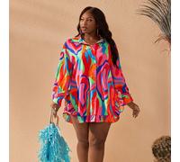 Camicia a maniche lunghe con stampa geometrica e volant lungo l'orlo, più lunga sul retro, adatta per autunno/inverno, taglie forti 0XL,1XL,2XL,3XL,4XL,5XLGrafico,Tie Dye,stampa dappertutto,Motivo str