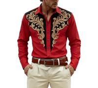 Camicia a maniche lunghe con stampa per abiti festivi occidentali e cowboy: camicia medievale con bottoni per il tempo libero e le feste., Colore: rosso, M