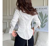 Camicia a maniche lunghe da donna casual e versatile, con logo ricamato del cavaliere nero, bottoni frontali e vita regolabile con coulisse, adatta per l'autunno/inverno, stile versatile L,M,S,XL,XSst