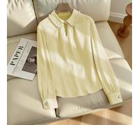 Camicia a maniche lunghe da donna con colletto in tinta unita decorato con perle, rosa, top a maniche lunghe autunnale con colletto in perle, camicia giallo pastello burro, abbigliamento da donna L,M,