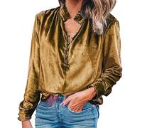 Camicia a maniche lunghe da donna, con scollo a V, stile retrò, oro, in velluto, giallo., L