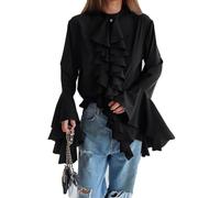 Camicia a maniche lunghe da donna in chiffon con volant sul davanti, a campana, casual, con scollo a V allentato Y2k, camicetta a strati per autunno inverno, Nero , S