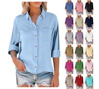 Camicia a maniche lunghe da donna in cotone e lino, estiva, a maniche lunghe, taglie grandi, elegante, con bottoni, per il tempo libero, leggera, con tasche, gold, S