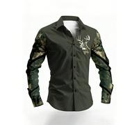 Camicia a maniche lunghe da uomo in stile caccia da esterno, con stampa a testa di cervo mimetica sulle maniche e design a patchwork, adatta per caccia all'aperto, casual, pendolarismo, ritrovi con am