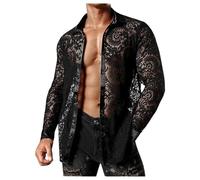Camicia a maniche lunghe da uomo, trasparente, in rete, con bottoni, sexy, erotica, colore oro, Nero , XXL