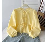 Camicia a maniche lunghe per ragazze pre-adolescenti, ampia, casual, minimalista, a righe crema e giallo, con scollo rotondo e fiocco, per il ritorno a scuola 7Y,8Y,9Y,10Y,11Y,12Y,13YColore unicoPolie