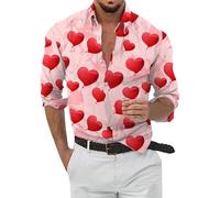 Camicia a Maniche Lunghe Uomo Moda Casual Stampa Digitale 3D San Valentino Forma Cuore Elegante, rosa acceso, S