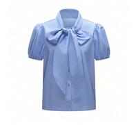 Camicia a quadri azzurra chiara da donna | Colletto con fiocco e maniche a palloncino, primavera ed estate 2026 | Essenziale per appuntamenti, casual e tempo libero in ufficio L,M,SColore unicoTessuto
