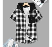 Camicia a quadri con cappuccio e cordino da uomo con tasca patchwork senza maglietta, camicia a maniche corte con bottoni in blocchi di colore a incastro e vestibilità attillata L,M,S,XL,XXLquadriTess