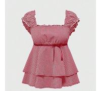 Camicia a quadri con scollo quadrato e fiocco, stile innocente e carino per adolescenti L,M,S,XSBlocchi di colore,quadriTessuto intrecciato