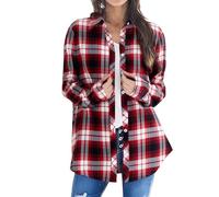 Camicia a quadri da donna, oversize, a quadretti, con colletto a risvolto, a maniche lunghe, elegante, estiva, leggera, ariosa, casual, Wh1, XL