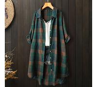 Camicia a quadri di media lunghezza da donna taglie forti, con dettagli di polsini con laccio, maniche lunghe, corta davanti e lunga dietro, stile casual e retrò, adatta per la primavera/autunno 0XL,1