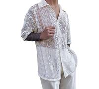 Camicia a rete da uomo, a maniche lunghe, in cotone, da uomo, in lino, per il tempo libero, estiva, moderna, con bottoni automatici, bianco, XXL