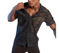 Camicia a rete da uomo con risvolto Cut Out, struttura a rete, trasparente, camicia estiva con bottoni in tinta unita, top a rete, sexy, in pizzo, per il tempo libero, Nero , M