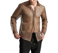 Camicia a rete da uomo Cut Out a rete, con colletto alto, bottone, trasparente, con struttura a rete, in tulle, erotica, sexy, in rete, caffè, XXL