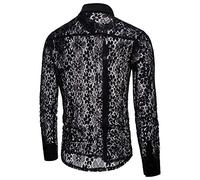 Camicia a rete da uomo sexy: camicia a maniche lunghe trasparente, biancheria intima in pizzo, leggera, a maniche lunghe, traspirante, per festival musicale, per feste notturne, per casual, Nero , XXL