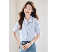 Camicia A Righe Celeste Estiva Con Colletto Largo E Bottoni Marroni - CF43939