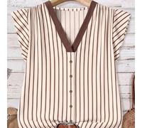 Camicia a righe color albicocca & caffè da donna, stile casual minimalista per l'estate, elegante per il pendolarismo & l'abbigliamento da strada, moda urbana moderna per concerti di musica country L,