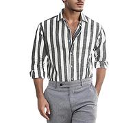 Camicia a righe da uomo estiva con colletto rovesciato, camicia, camicia in lino, comoda, per il tempo libero, leggera, a maniche lunghe, casual, in lino, con tasche, morbida, traspirante, A-nero., L