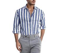 Camicia a righe da uomo estiva con colletto rovesciato, camicia, camicia in lino, comoda, per il tempo libero, leggera, a maniche lunghe, casual, in lino, con tasche, morbida, traspirante