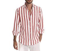 Camicia a righe da uomo estiva con colletto rovesciato, camicia, camicia in lino, comoda, per il tempo libero, leggera, a maniche lunghe, casual, in lino, con tasche, morbida, traspirante, A-rosso