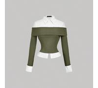 Camicia a righe in maglia verde militare con patchwork, top 2 in 1, adatto per il ritorno a scuola L,M,S,XL,XS,XXL,XXS,XXXL,XXXXLBlocchi di coloreTessuto in maglia