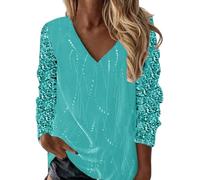 Camicia a tunica da donna elegante con paillette, con scollo a V, a maniche lunghe, con brillantini, oversize, larghe, per matrimonio, per il capodanno, verde, XXL