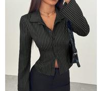 Camicia aderente a maniche lunghe con bottoni e sottili strisce nere, elegante e minimale, versatile, adatta per il pendolarismo e il casual alla moda, stile adatto per la primavera/estate delle donne