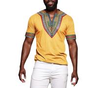 Camicia africana da uomo con scollo a V Etnico Dashiki Camicia estiva per il tempo libero con stampe etniche a maniche corte camicie tradizionali Medio Oriente abiti arabi, Y3 giallo, M