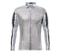 Camicia Anni 70 Uomo Slim - Camicia da con personalità Stile Discoteca Camicia Luminosa con Paillettes Camicia Casual A Maniche Lunghe Camicia da Performance (White M)