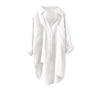 Camicia Anti UV Donna Manica Lunga Camicette E Camicette Donna Grande Taglia Camicetta Risvolto Camicetta con Tasca E Pulsante Alto Mi Lungo Top Asimmetrico Abbigliamento Tinta Unita Top, bianco, L