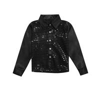 Camicia Bambina con Paillettes per Ballo e Spettacolo Manica Lunga con Bottoni Abito per Coro e Festival Costume Infantile Brillante ed Elegante Maglietta Bambino Festiva e Fashion(Black, 5-6 Years)