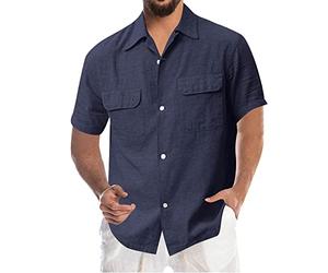 Camicia basic da uomo in cotone e lino, maglietta da lavoro, per uomo, disponibile in oltre camicie da uomo, casual, vestibilità regolare, Blu scuro 6, XL