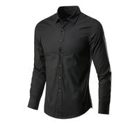 Camicia basic da uomo in tinta unita, a maniche lunghe, per il tempo libero, da lavoro, elasticizzata, non necessita di stiratura, senza pieghe, con tasca sul petto, R nero., L