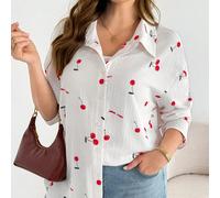 Camicia bianca casual, comoda e versatile, con stampa di ciliegie, manica lunga, con bottoni, adatta per la primavera/estate, taglie comode per donne di taglia grande 0XL,1XL,2XL,3XL,4XL,5XLLettere,Fr