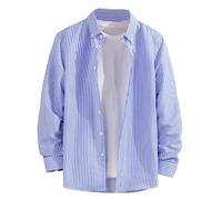 Camicia bianca da uomo slim fit alla moda a righe stampata a maniche lunghe, Azzurro, L
