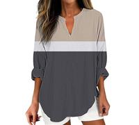 Camicia Bianca Donna Maniche Lunghe Corte Oversize Womens Cotton Linen Tops for Women Spring Summer V Neck Roll Up 3/4 Sleeve T Shirts Plain Graphic Top Elegante Donna Maniche Corte Lunghe (Khaki L)